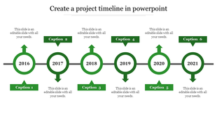 Green themed project timeline slide showcasing a timeline from 2016 to 2021 with captions.