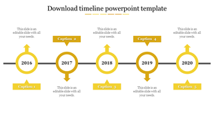 Business timeline with five yellow circles labeled 2016-2020, connected by a horizontal line with captions above and below. 