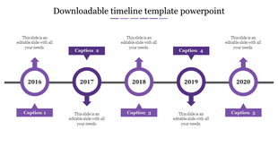 Purple themed timeline PPT template with five milestone years and directional arrows with captions and placeholder text.