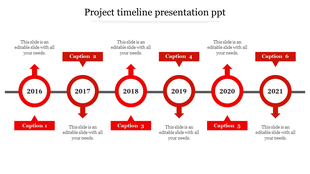 Red timeline with circular markers labeled 2016-2021, connected by a dark horizontal line, with captions alternately placed. 