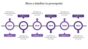 Business timeline with six purple circles labeled 2016-2021, connected by a horizontal line, with captions areas.
