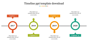 Colorful timeline PowerPoint template with four milestone years and labeled directional arrows with captions.