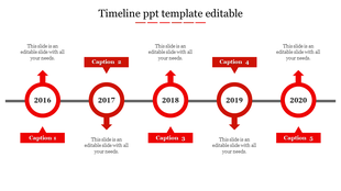 Project timeline with five circular markers labeled 2016-2020 in red, connected by a horizontal line, captions areas.