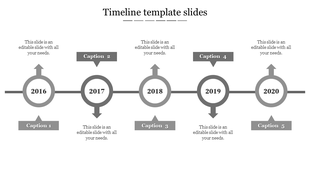 Timeline PowerPoint template with five milestone years and directional grey arrows with captions on a white backdrop.