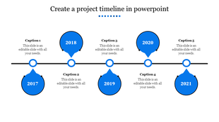 Blue themed project timeline PowerPoint template with five milestone years displayed along a horizontal line with captions.