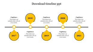 Business timeline infographic with yellow milestone markers for 2017-2021, connected by a black line with captions. 