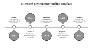 Grey themed project timeline PowerPoint template with five milestone years displayed along a horizontal line with captions.