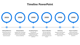 Horizontal timeline featuring six blue outlined circles labeled 20XX, connected to a line with captions areas.