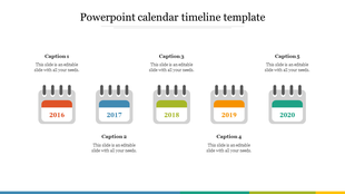 Timeline with five calendar icons in red, blue, green, orange, and teal, representing the years 2016 to 2020.