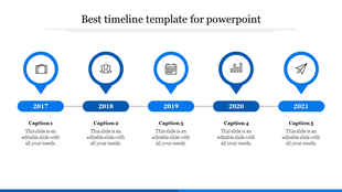 Blue themed timeline layout with five circular year markers from 2017 to 2021, with icons and text boxes.