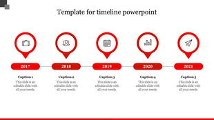 Horizontal timeline with red location markers for 2017 to 2021, each containing icons like a briefcase, calendar, and chart. 