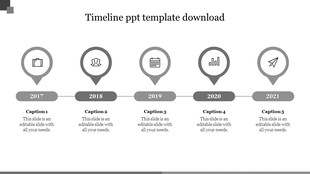 Gray themed timeline slide with five circular milestones, each representing year from 2017 to 2021, with text placeholders.