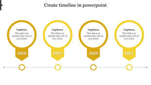Timeline PPT template with four yellow milestones from 2018 to 2021, featuring text areas on a white backdrop.