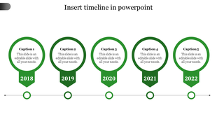 Horizontal timeline with five green circular markers and connected arrows, each representing years from 2018 to 2022.
