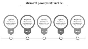 Monochrome horizontal timeline with five milestone markers from 2018 to 2022, each with captions areas.