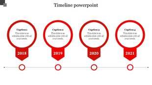 Horizontal timeline with red markers for the years 2018 to 2021, each containing placeholder text.