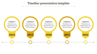 Timeline PPT presentation template with five yellow circles from 2018 to 2022 and text placeholders on a white backdrop.