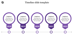 Timeline slide featuring five purple markers for years 2018 to 2022, arranged in a horizontal layout with captions.