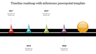 Black roadmap featuring a timeline with traffic cones in red, blue, green, and purple, ending with a golden goal icon.
