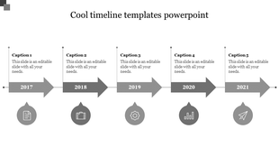Horizontal timeline with five gray arrows from 2017 to 2021, each connected to a text box and circular icon below.