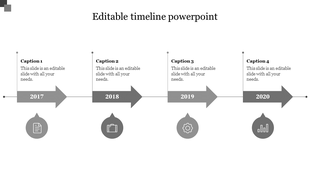 Horizontal timeline with four gray arrows from 2017 to 2020, each connected to a text box and an icon beneath.