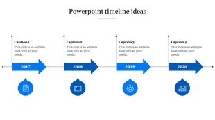 Timeline PowerPoint template with four blue arrows marking milestones from 2017 to 2020 and captions with placeholder text.