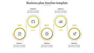 Business plan timeline slide with 5 milestone years from 2017 to 2021, connected by a dotted path with yellow circular icons.