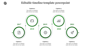 Vertical zigzag timeline from 2017 to 2021 featuring green outlined circles with icons and captions areas for each year.