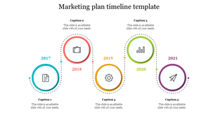 Horizontal timeline with five circular milestones representing years 2017 to 2021 placed in a white background.