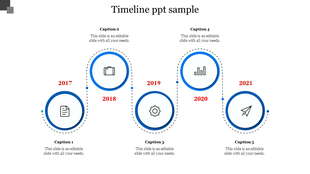 Zigzag timeline from 2017 to 2021 with blue outlined circles and black icons, connected by dashed lines and text captions.
