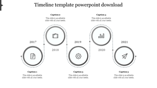 Business plan timeline slide with 5 milestone years from 2017 to 2021, connected by a dotted path with grey circular icons.
