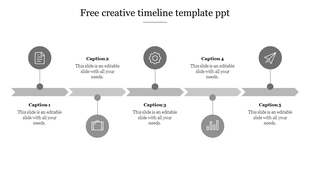 Gray themed timeline with five circular icons, each connected by dashed arrows, with text sections beneath.