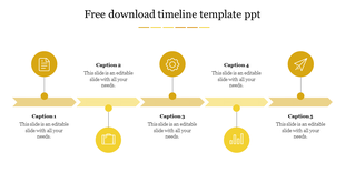 A horizontal yellow timeline with five circular nodes and connected arrows, each with text on a white backdrop.