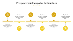 Horizontal timeline with six yellow circular icons, each linked to a milestone below with captions, connected by a line. 