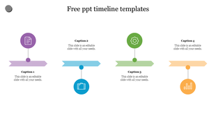 Timeline PPT template with four colorful milestone icons, horizontal banners, and text sections on a white backdrop.