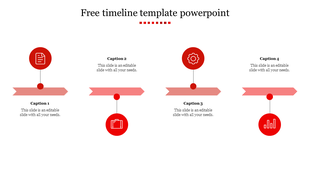Minimalist timeline with four red icons connected to a horizontal ribbon, each linked to captions above for key events.