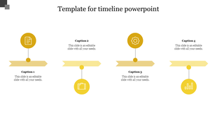 Simple yellow timeline with four circle shaped icons for year, and striped arrows connecting each milestone.