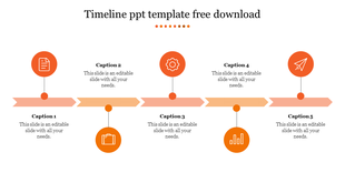 Slide featuring an orange timeline with five stages, each represented by an icon and space for captions.