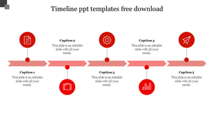 Red themed timeline slide featuring five segments with icons and captions.