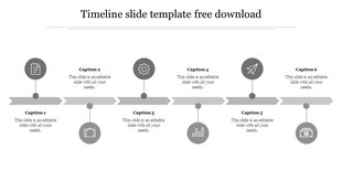 Gray timeline with six circular icons for each milestone, connected by arrows, featuring text sections.