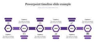 Six step timeline from 2017 to 2022 with hexagonal year markers, directional arrows, icons, and captions in a purple theme.