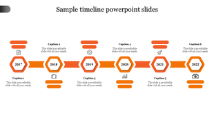 Orange-themed timeline spanning 2017-2022, featuring hexagonal nodes, directional arrows, icons, and caption areas.