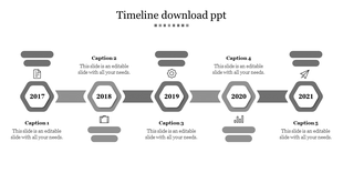 Gray themed timeline with five hexagonal year markers, connected by lines, and sections for captions.