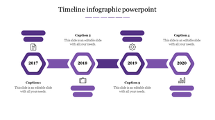 Purple-themed infographic timeline with  markers for 2017 to 2020, each linked by arrows, with icons and caption areas.