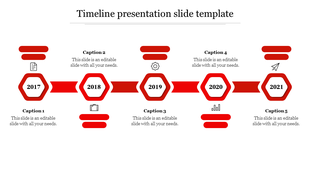 Red themed timeline with hexagonal nodes for 2017-2021, linked by arrows, featuring alternating captions and relevant icons.