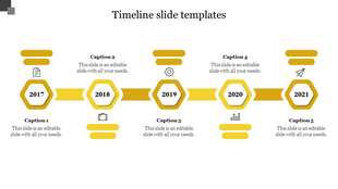 Yellow themed timeline PPT slide showcasing key years from 2017 to 2021 with captions and placeholder text.