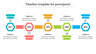 Colorful timeline PowerPoint template featuring hexagonal icons for each year from 2017 to 2021, with captions.