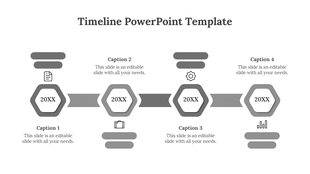 Minimalist gray timeline with hexagonal nodes for 20XX years, directional arrows, icons, and alternating captions areas.