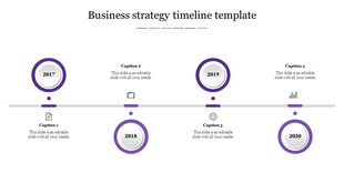 A business strategy timeline slide featuring a horizontal layout with years 2017, 2018, 2019, and 2020 with caption texts.