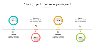Project timeline with circular markers for 2017-2020, alternating colors, a gray line, and captions placed above and below.